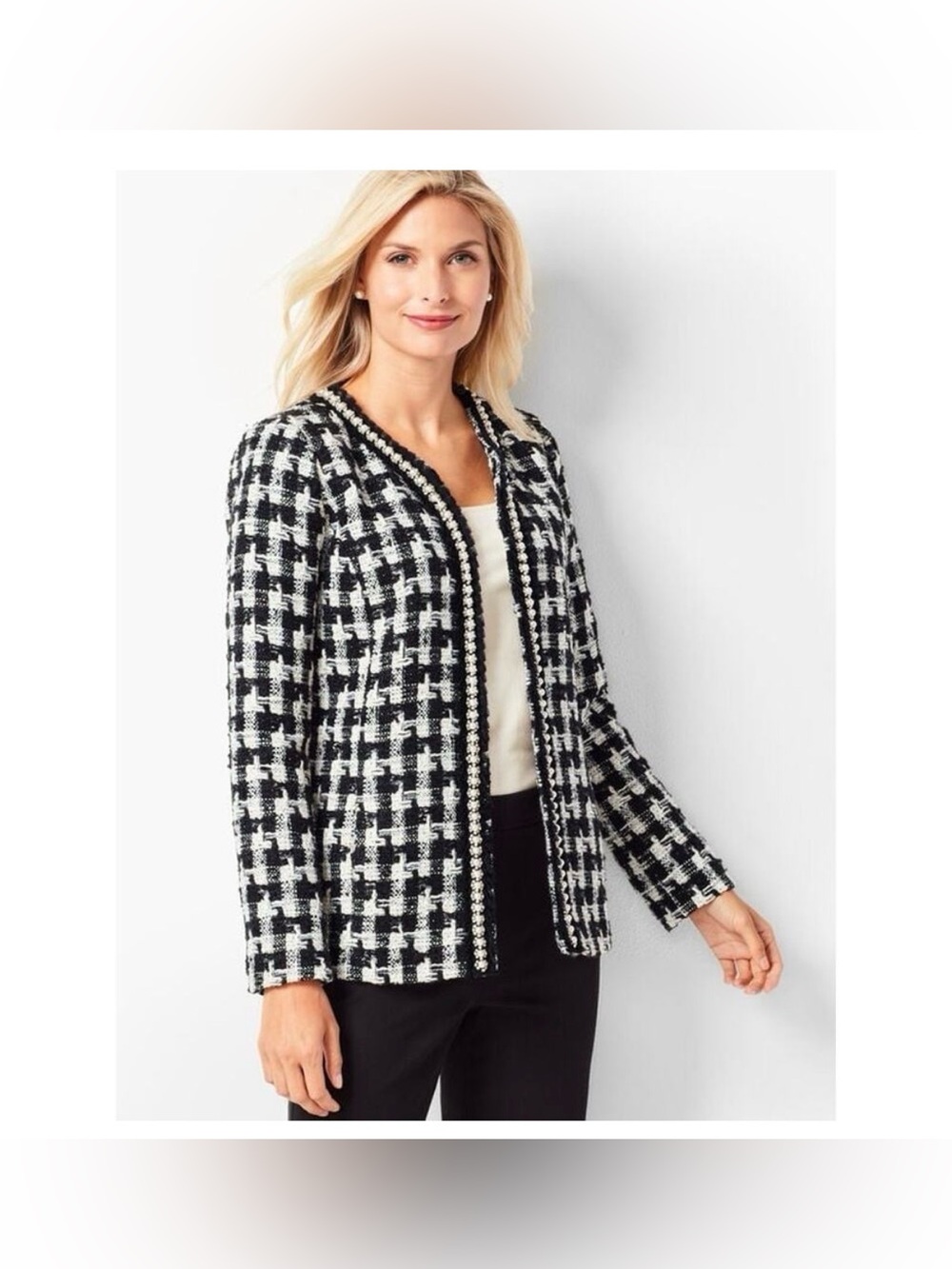 Talbots Black and White Tweed Pearl-Trim Open Jacket 8P